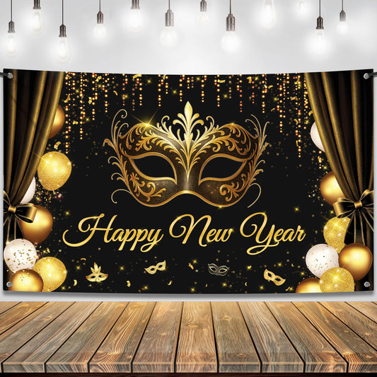 KatchOn Happy New Year 2026 banner with gold mask for photo booth backdrop.