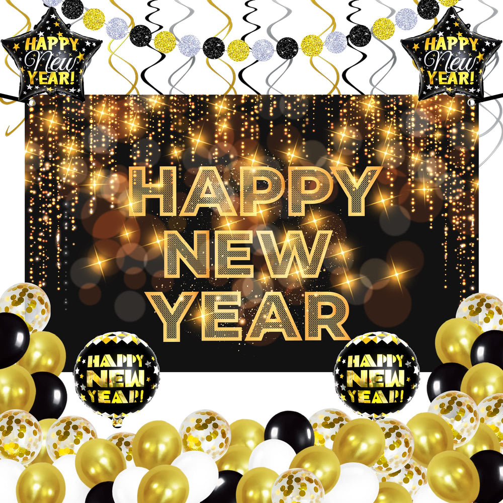 KatchOn Happy New Year banner in bold black and gold for striking NYE decor