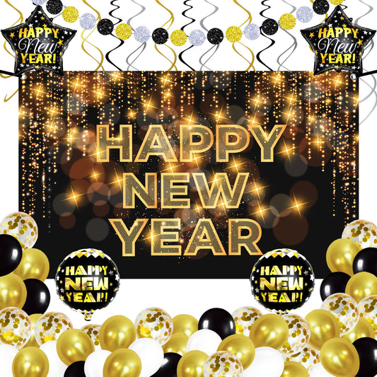 KatchOn Happy New Year banner in bold black and gold for striking NYE decor