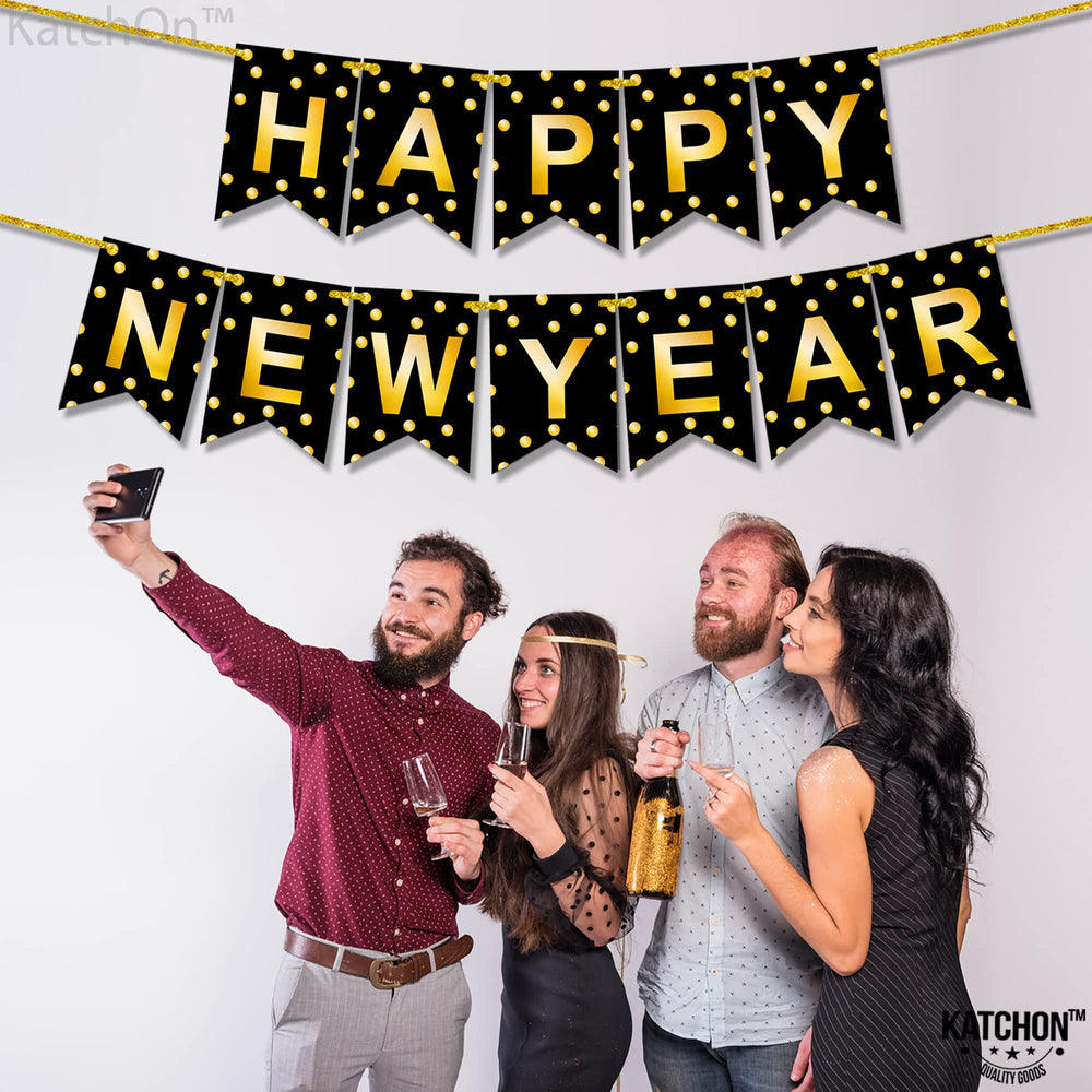 KatchOn NYE banner pairs with other party supplies.
