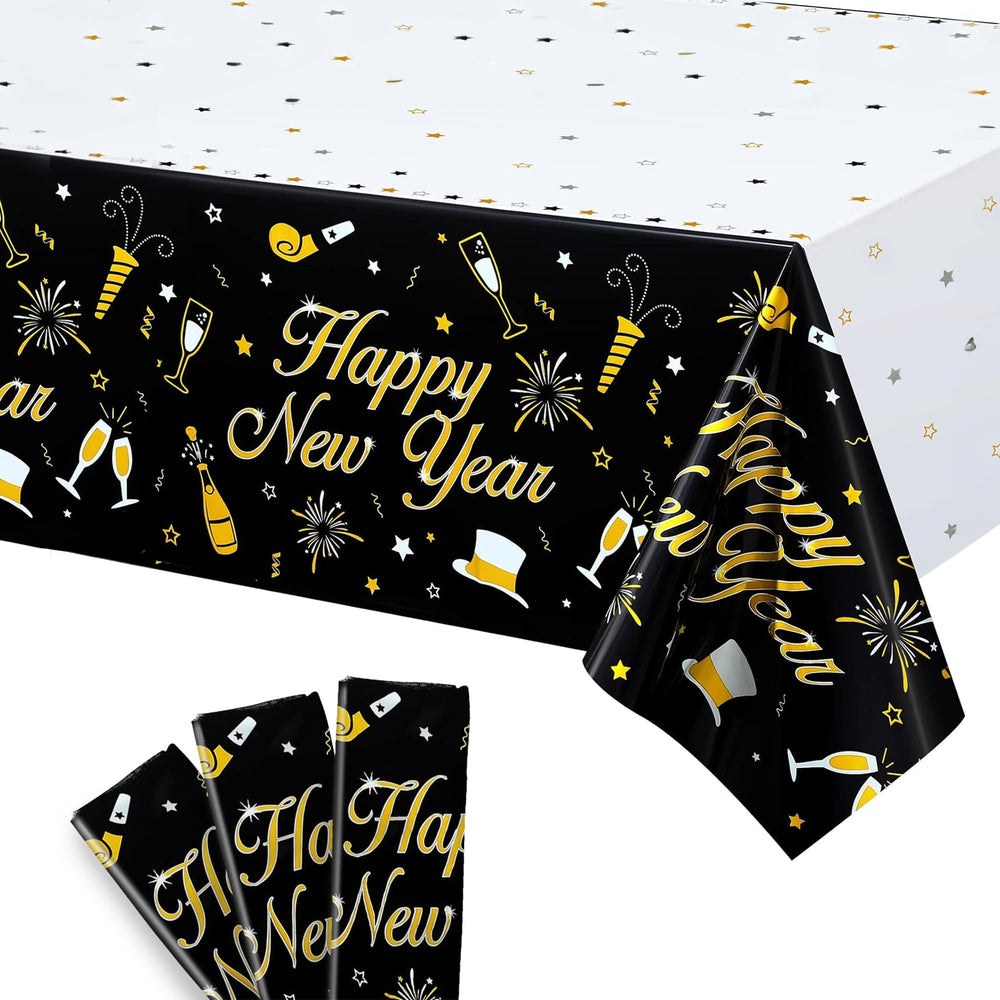 KatchOn Happy New Year tablecloth in black and white, 54x108 inches, protects tables and sets the mood.