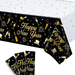 KatchOn Happy New Year tablecloth in black and white, 54x108 inches, protects tables and sets the mood.
