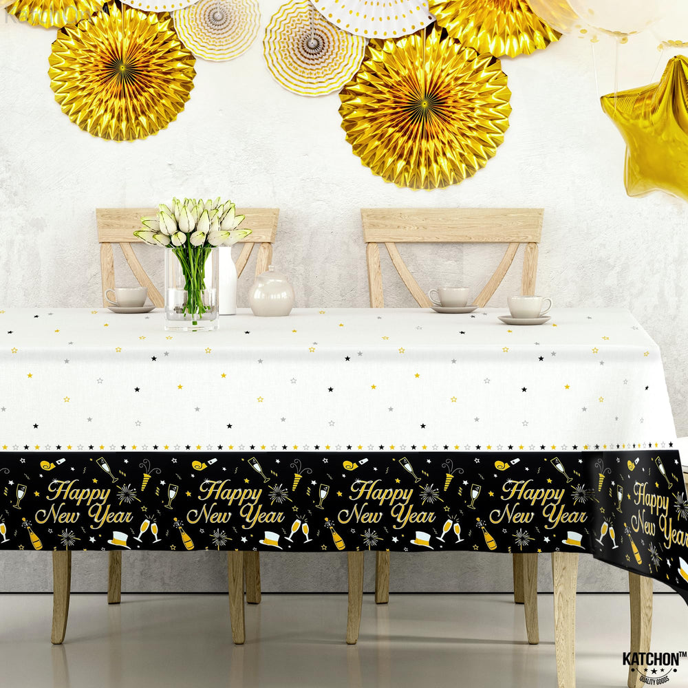 KatchOn stylish black and white tablecloth, perfect for modern New Year table decor.