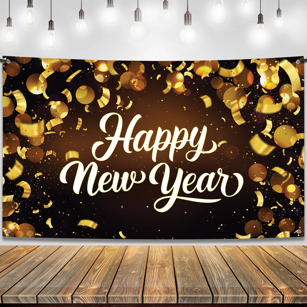 KatchOn Happy New Year Banner 2026 front view with black and gold design for NYE backdrop