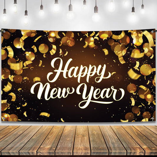 KatchOn Happy New Year Banner 2026 front view with black and gold design for NYE backdrop