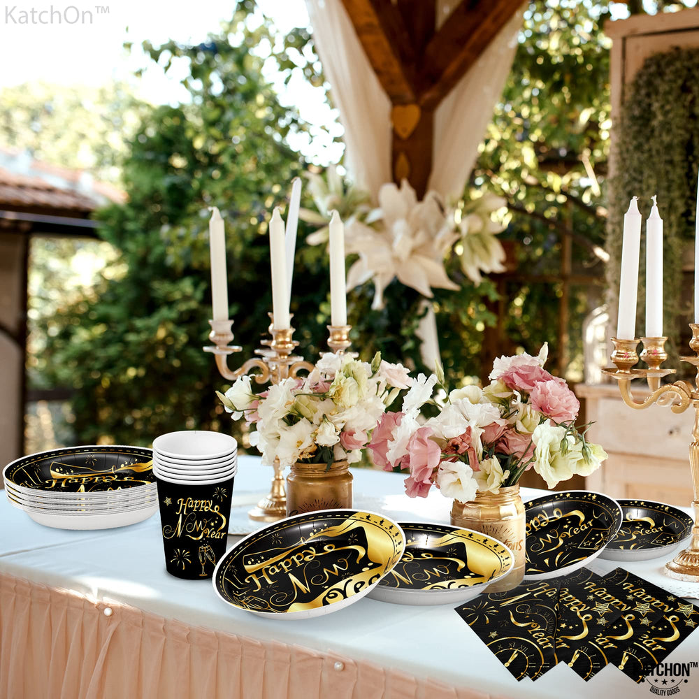 KatchOn New Years Eve dinnerware packaging shows bulk value