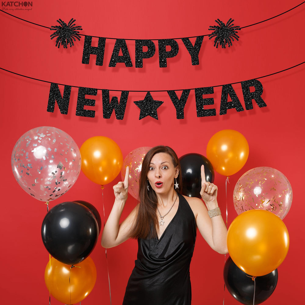 KatchOn NYE party banner complements balloons and lights