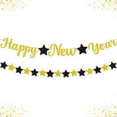 KatchOn pre-strung 10ft banner in gold and black glitter for NYE backdrops