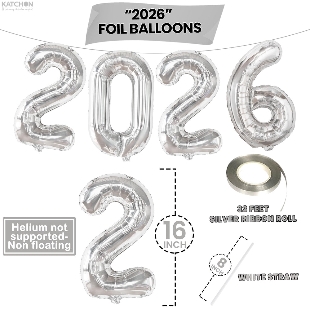 KatchOn foil 2026 silver balloon, front view, perfect NYE backdrop.