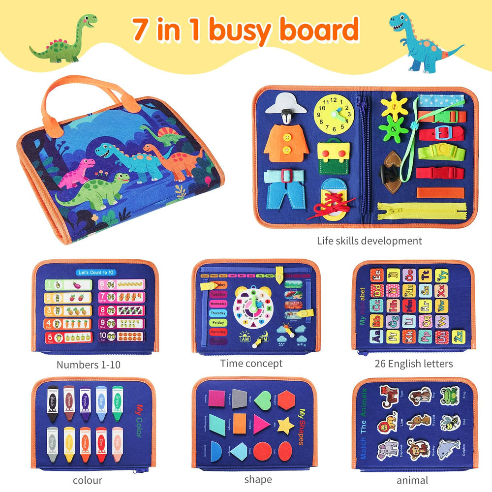 KAWITLO dinosaur busy board open pages showing alphabet and number activities for early learning.