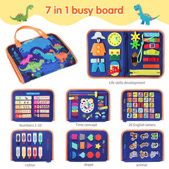 KAWITLO dinosaur busy board open pages showing alphabet and number activities for early learning.