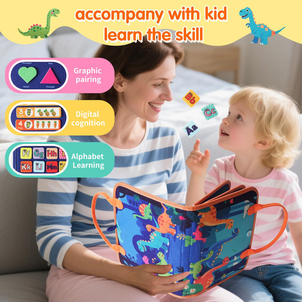 KAWITLO dinosaur busy board travel-friendly design fits bags for trips.