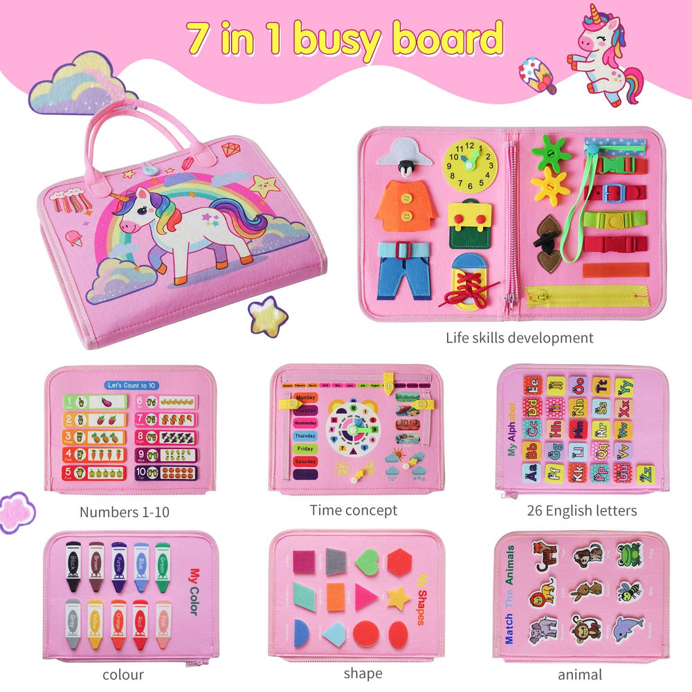 KAWITLO Unicorn Learning Board buttons and zippers aid precise hand-eye coordination.