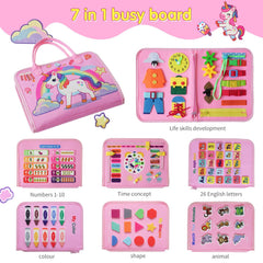 KAWITLO Unicorn Learning Board buttons and zippers aid precise hand-eye coordination.