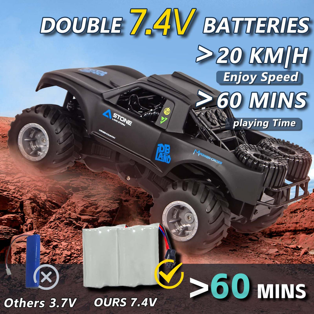 KB KAIBO Monster Truck blue 4WD drivetrain conquering grass and sand.