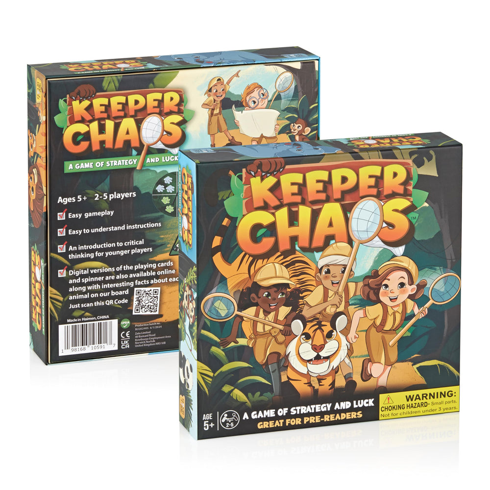Keeper Chaos zoo-themed game box with colorful animal art for family night