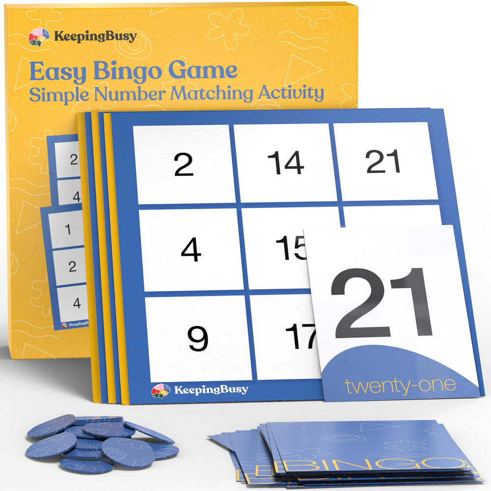Keeping Busy bingo dementia calling cards, large and legible for inclusive group play.