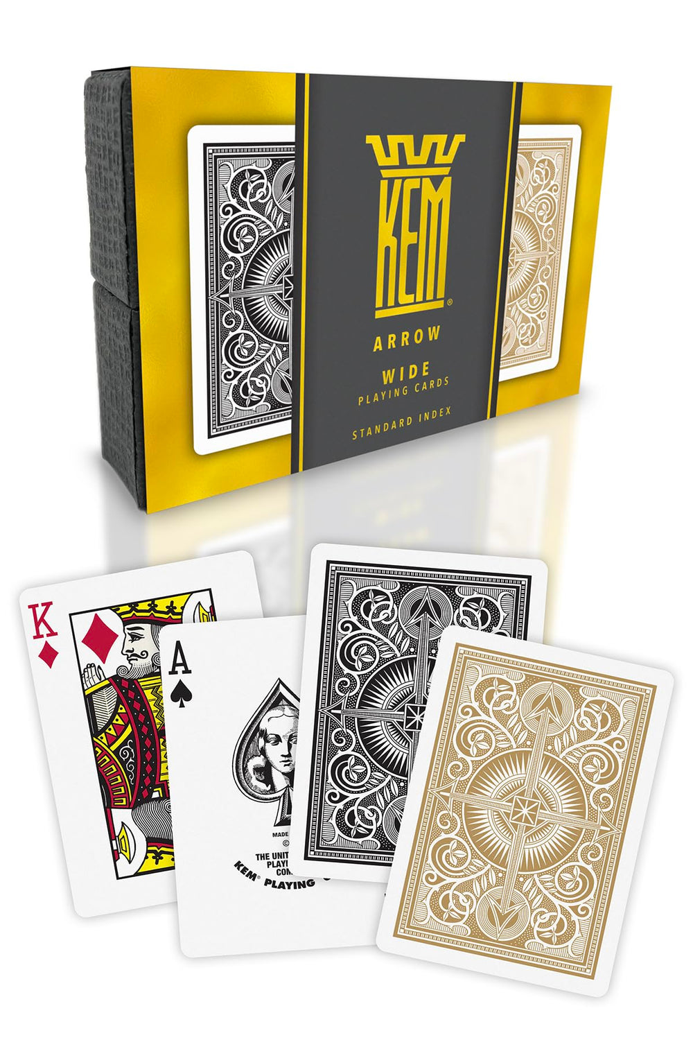 KEM Arrow Black and Gold cards in premium gift box for display and gifting.