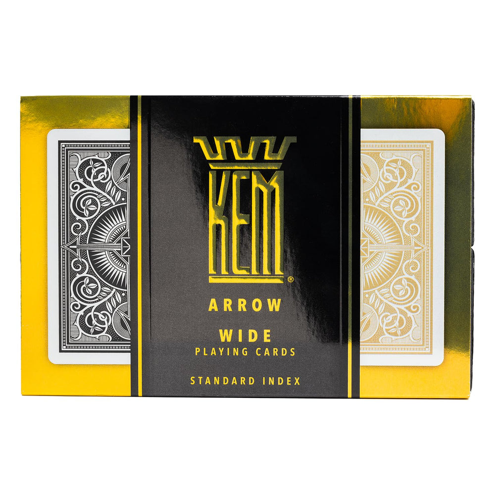 Close-up of KEM Arrow Black and Gold 100% plastic cards showing durable finish.