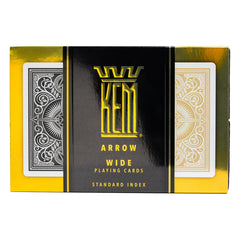 Close-up of KEM Arrow Black and Gold 100% plastic cards showing durable finish.