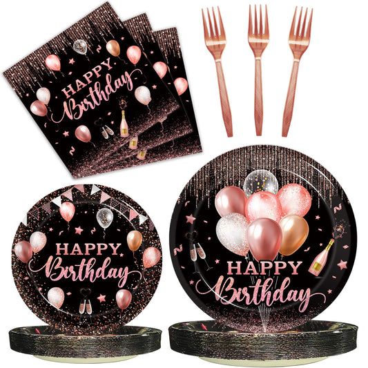 Kepeel rose gold birthday plates, 24-count, elegant disposable dinnerware for celebrations.