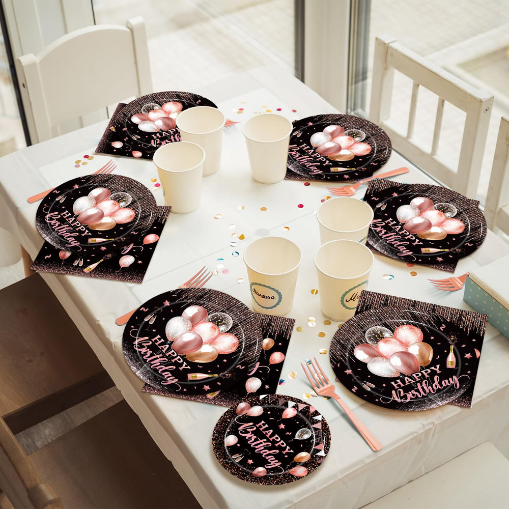 Kepeel rose gold party tableware set, complete for a 24-guest celebration.
