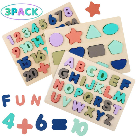 Kesletney wooden letter puzzle supports early literacy and hand-eye coordination for toddlers.