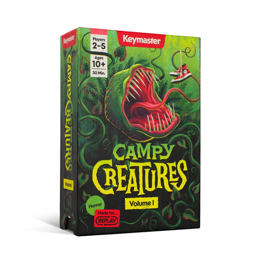 Keymaster Games Campy Creatures box open, inviting family game night.