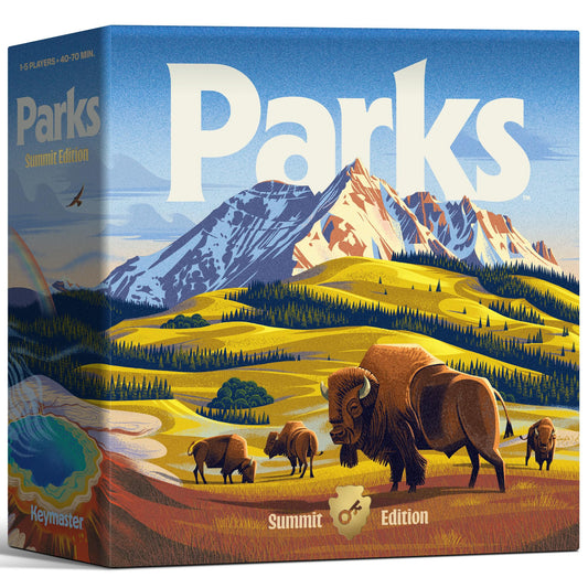 Keymaster Games Parks 2nd Edition box front shows vibrant park art for family nights