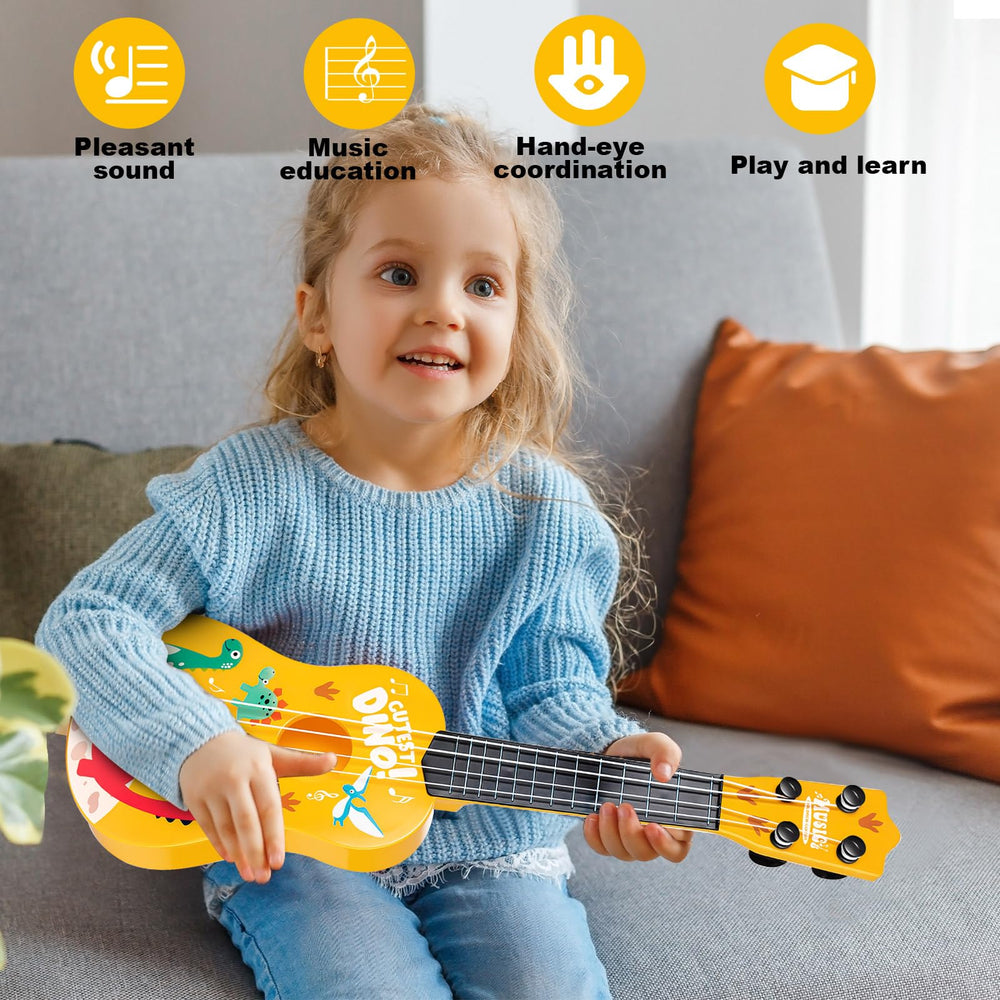 KFPPLXQ mini guitar 17inch dinosaur picks included for kid-friendly practice.