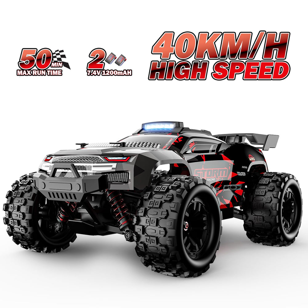 KGF remote control car 1:18 all terrain rear view highlights sturdy chassis.