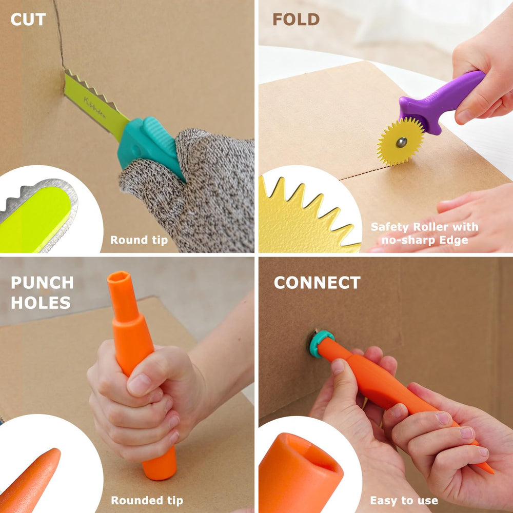 Kibbidea Cardboard Tools safety-focused kit with rounded tip and glove