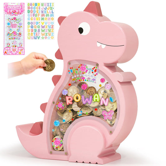 Kibelly pink piggy bank for girls with dinosaur lid encourages early saving.