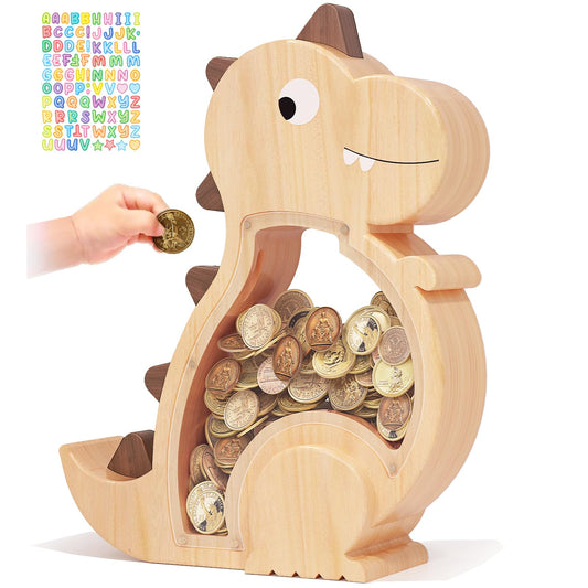 Kibelly wooden dinosaur piggy bank front view for learning saving habits