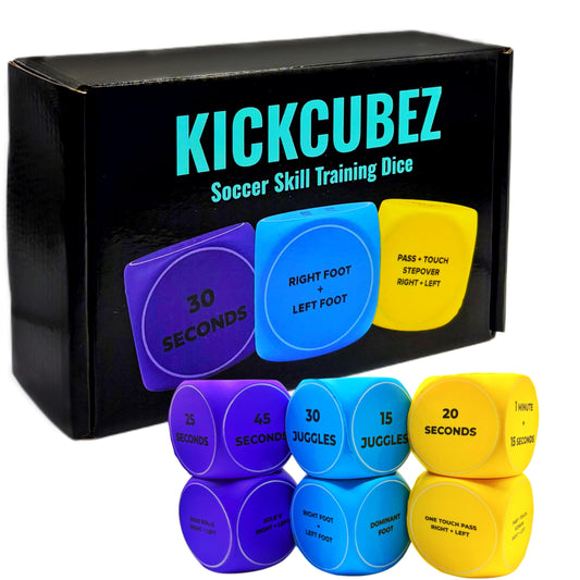 KickCubez soccer dice roll for quick skill challenges to improve juggling and control.
