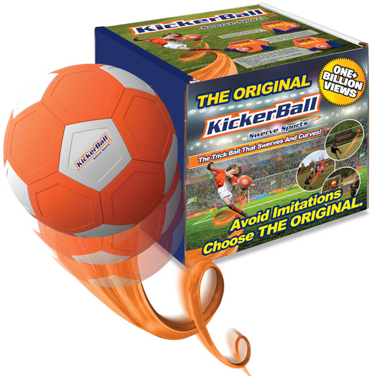 Kickerball curve-swerve orange ball, side view for dynamic backyard play.