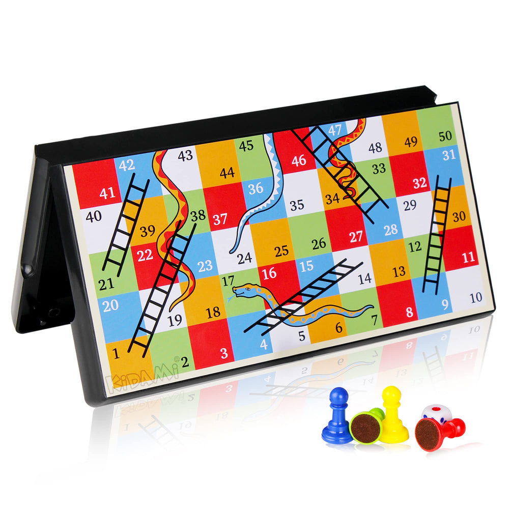 KIDAMI magnetic snakes and ladders board for a foldable, portable game surface.