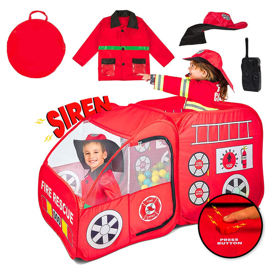 Kiddey Fire Truck Tent with siren button sparks imaginative firefighting play.