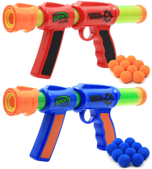 Kiddie Play Atomic Power Popper guns in orange and blue, ready for two-player play.