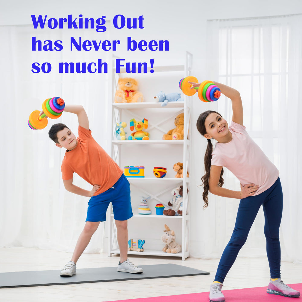 Kiddie Play barbell bar with nuts keeps weights secure during pretend workouts.