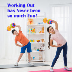 Kiddie Play barbell bar with nuts keeps weights secure during pretend workouts.