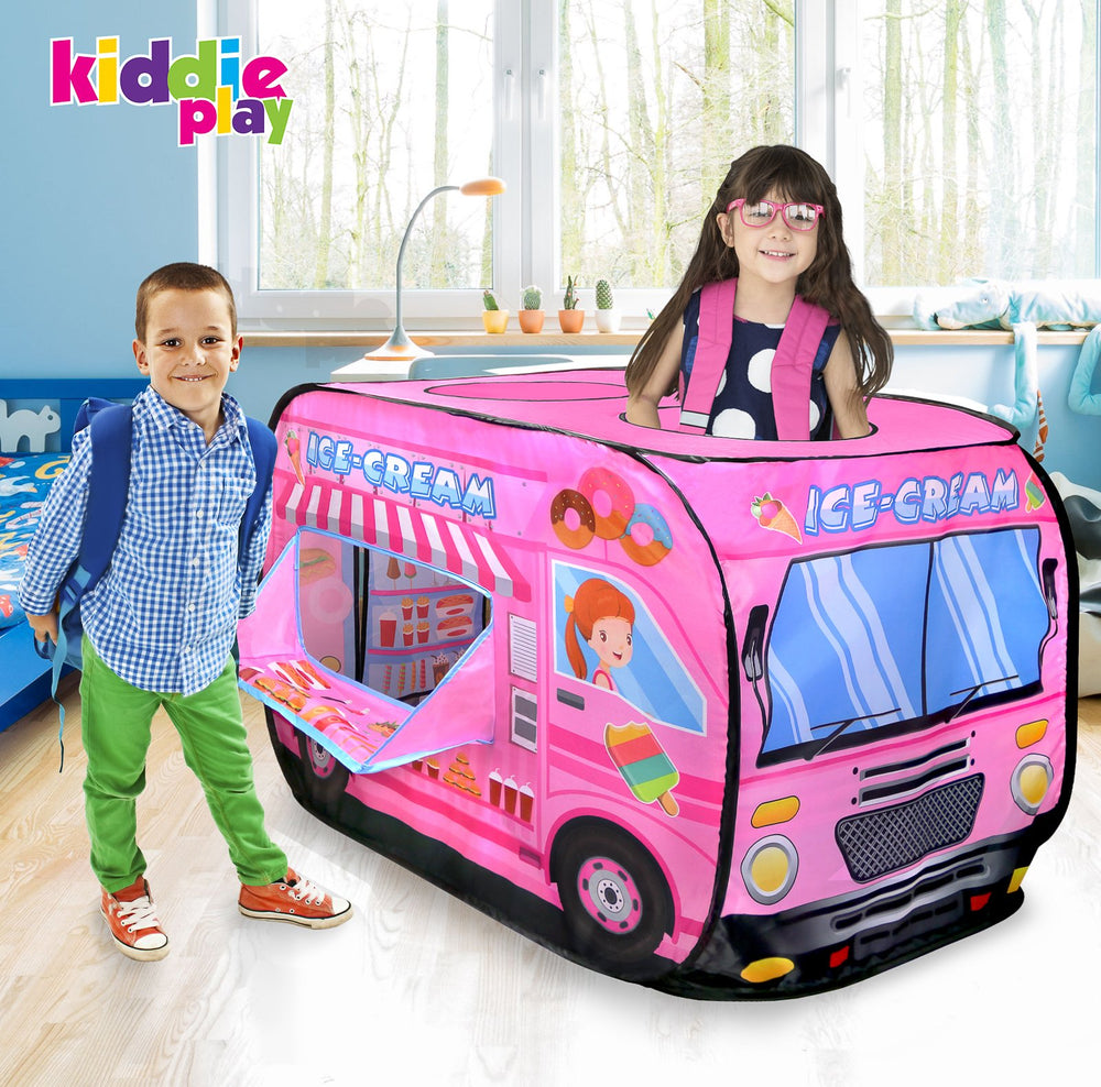 Kiddie Play ice cream truck pop-up tent back door accessible for easy exit and entry.
