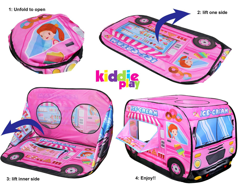 Kiddie Play ice cream truck pop-up tent dimensions help plan compact play area.