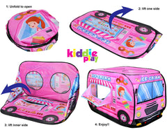 Kiddie Play ice cream truck pop-up tent dimensions help plan compact play area.