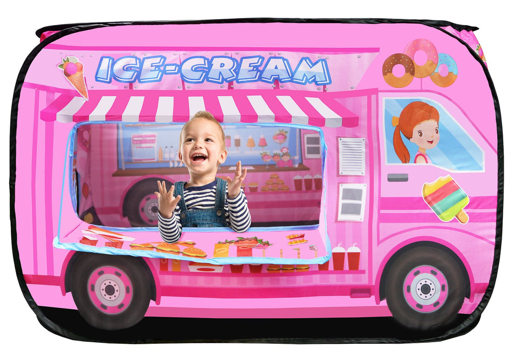 Kiddie Play ice cream truck pop-up tent two kids inside for cooperative play.