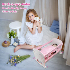 Kiddie Play pastel wooden cradle enhances playroom decor and toy storage.