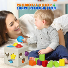 Kiddie Play sorting cube shown with bucket for easy storage and on-the-go play.