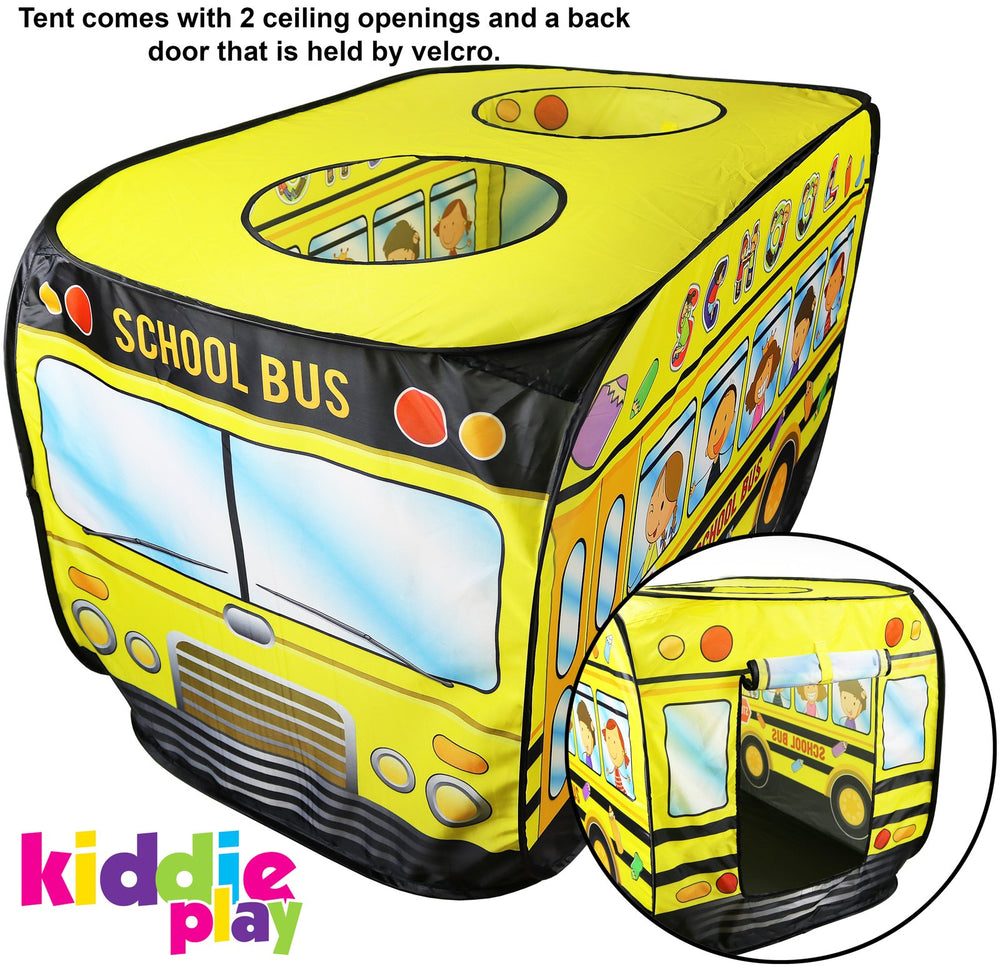 Kiddie Play school bus pop-up tent back door invites easy entry for curious kids.