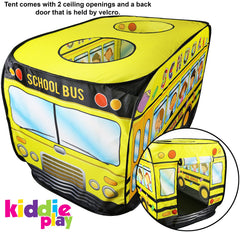Kiddie Play school bus pop-up tent back door invites easy entry for curious kids.