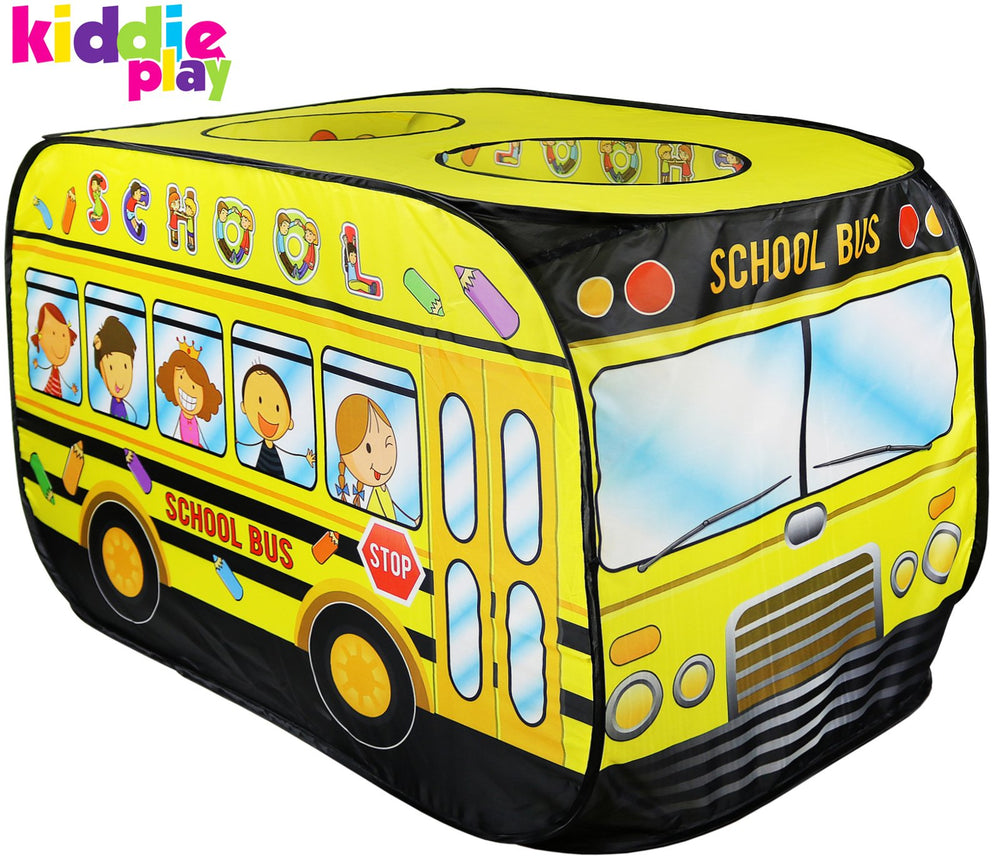 Kiddie Play school bus pop-up tent folds compactly for quick storage.